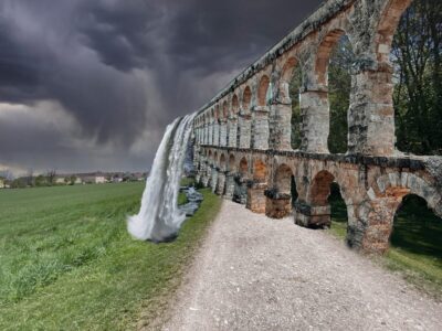 Ein Aquädukt mit einem Wasserfall am Ende